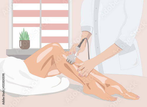 illustration. The cosmetologist does the Rf lifting procedure on the legs, buttocks and hips of a woman in a beauty parlor. Treatment of overweight and flabby skin.