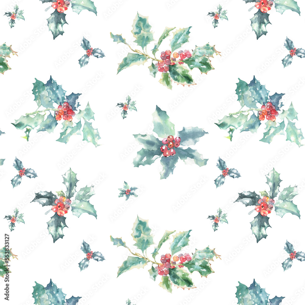 Watercolor Christmas seamless pattern illustration. New year animal pattern, Botanical Christmas vintage, winter forest animal, bird, flowers, plants, mouse, squirrel, holly berry, poinsettia, winter	