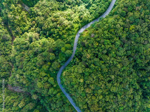 Aerial top view of road in the middle of the forest , road curve construction up to mountain, Rainforest ecosystem and healthy environment 