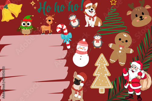 Christmas card template on red background with Santa Claus and Christmas trees and snowflakes. Winter card template