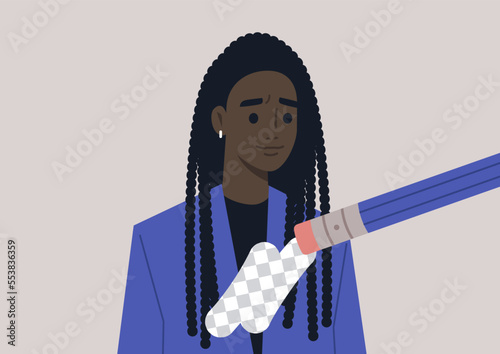 Young female African character being erased by modern cancel culture, online social norms, the process of forgetting the ex-partner