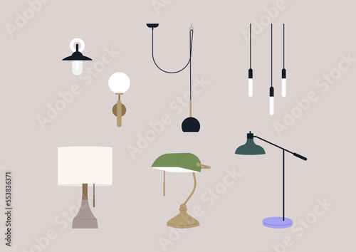 A vector collection of designer lamps of different shapes and colors