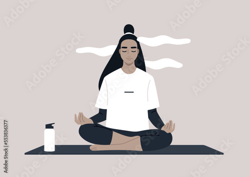 Young calm female character meditating in a lotus yoga pose, a mindful lifestyle concept