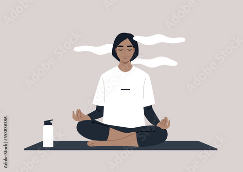 Young calm female Caucasian character meditating in a lotus yoga pose, a mindful lifestyle concept