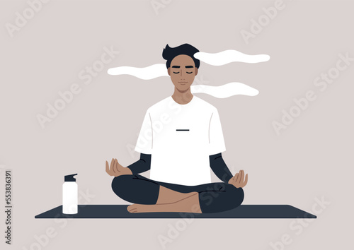 Young calm male Caucasian character meditating in a lotus yoga pose, a mindful lifestyle concept