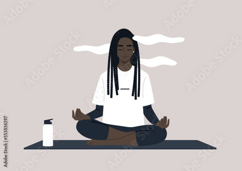 Young calm female African character meditating in a lotus yoga pose, a mindful lifestyle concept