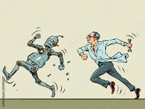 The robot runs away from the scientist man. Artificial intelligence and people concept. Lab Escape