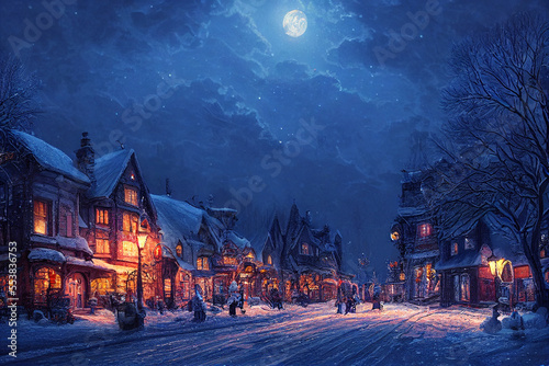Aurora Night Christmas Fantasy House digital illustration artwork.