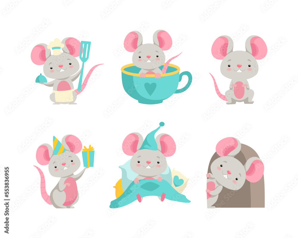 Cute Grey Mouse Character with Pretty Snout Engaged in Different Activity Vector Set Cute Grey Mouse Character with Pretty Snout Engaged in Different Activity Vector Set