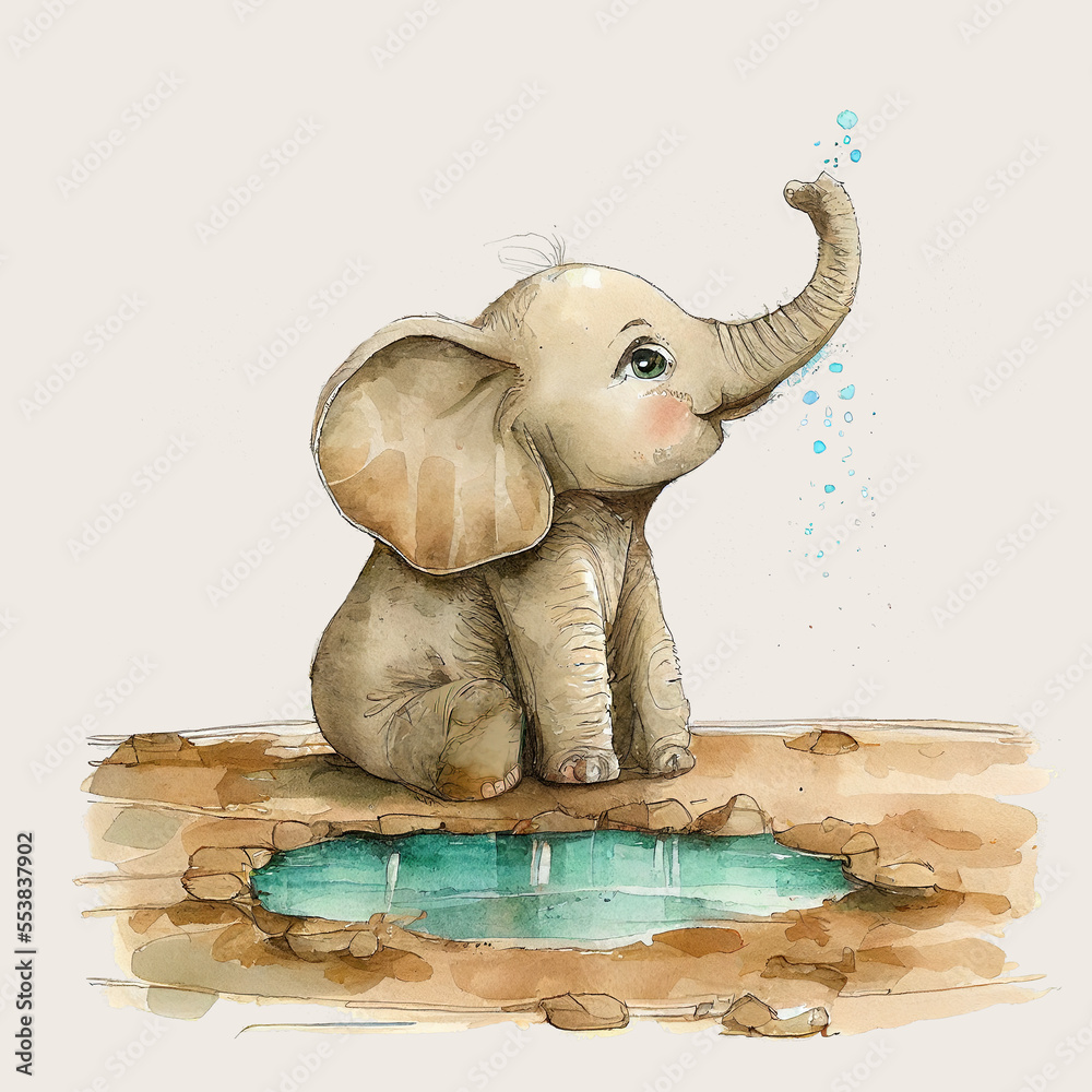 Cute watercolor illustration of a little elephant. Baby elephant