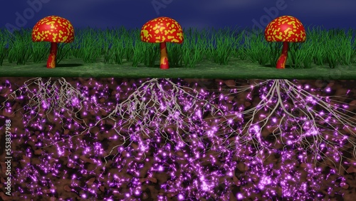 Mycelium network, fungal root system underground. Mushrooms above ground, root system below. Common mycorrhizal network transfer of information, nutrients and signals in earth. 3d render illustration