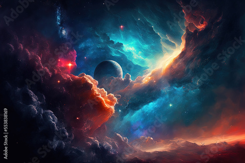 Abstract cosmic background. Colorful background with planets and stars. Colorful space illustration. Generative AI © Maxim Stepanov