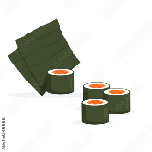 Nori superfood seaweed and maki roll with salmon. Traditional Asian food. Vector illustration in trendy flat style isolated on white background.