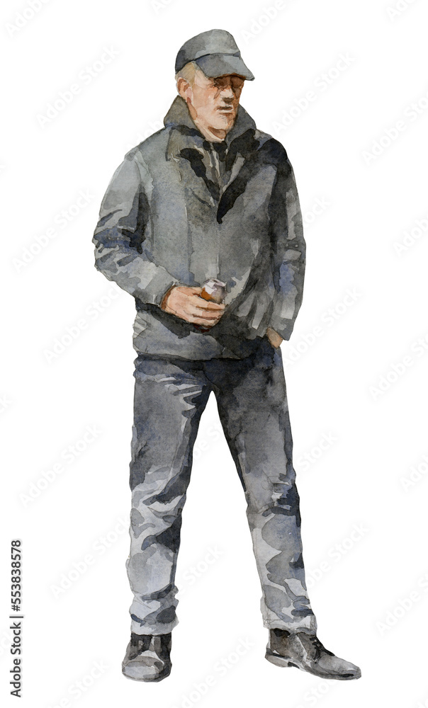 A standing drunk man wearing a black jacket with a cap, holding a can of beer isolated in watercolor illustration png A standing drunk man wearing a black jacket with a cap, holding a can of beer isolated in watercolor illustration png