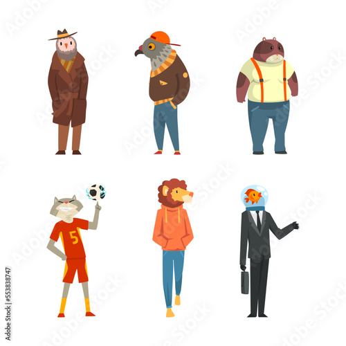 Animal Character Wearing Human Clothing Standing and Walking Vector Set