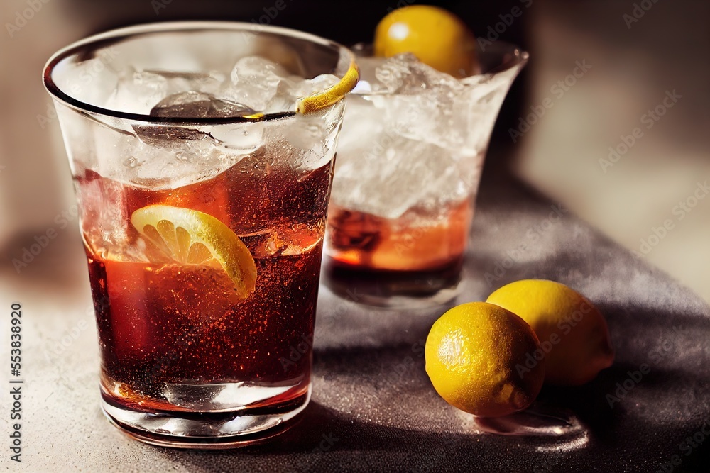 Whiskey rum and cola drink with ice cubes and lemon.
Cuba libre coctail. Generative AI Whiskey rum and cola drink with ice cubes and lemon.
Cuba libre coctail. Generative AI