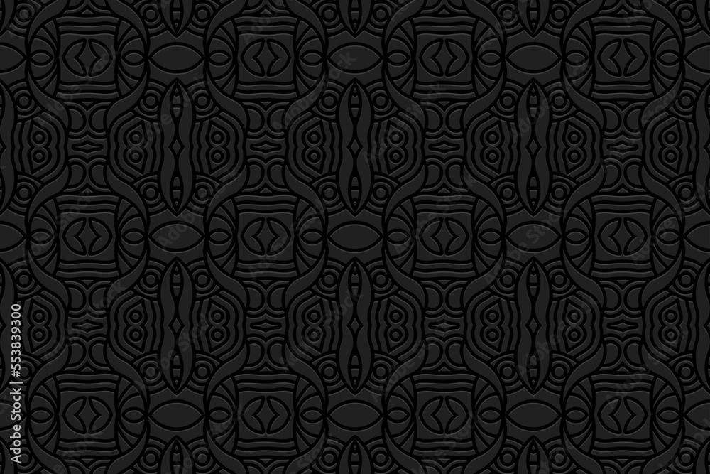 Embossed black background, ethnic cover design. Press paper, boho style. Geometric 3d pattern. Unique tribal themes of East, Asia, India, Mexico, Aztecs, Peru with handmade elements. Embossed black background, ethnic cover design. Press paper, boho style. Geometric 3d pattern. Unique tribal themes of East, Asia, India, Mexico, Aztecs, Peru with handmade elements.