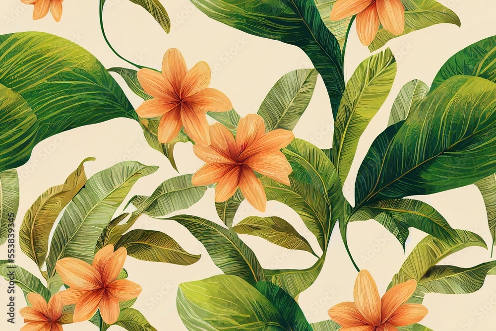 decorative jungle floral leaves pattern. repeat pattern for wallpaper, paper packaging, textile, curtains, duvet covers, print design. Generative AI (62)