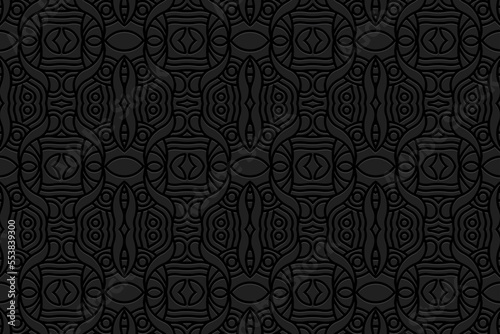 Embossed black background, ethnic cover design. Press paper, boho style. Geometric 3d pattern. Unique tribal themes of East, Asia, India, Mexico, Aztecs, Peru with handmade elements.