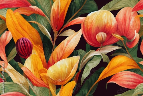 decorative jungle floral leaves pattern. repeat pattern for wallpaper, paper packaging, textile, curtains, duvet covers, print design. Generative AI (54)