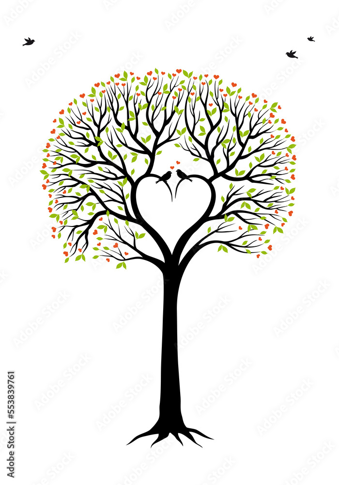 Wedding tree with heart shaped branches, green leaves and love birds ...