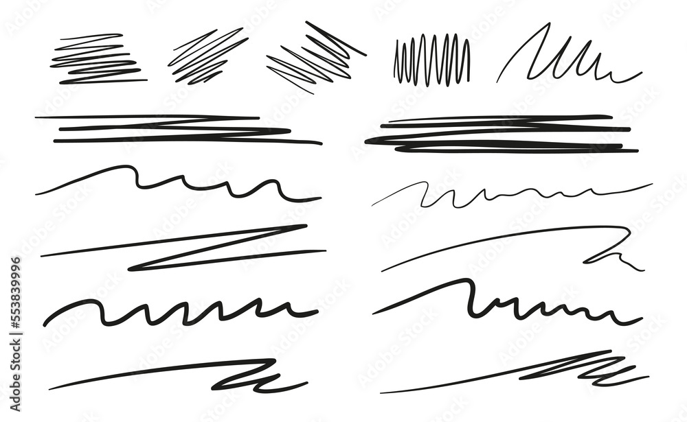 Hand drawn lettering underlines on white. Abstract backgrounds with array of lines. Stroke chaotic patterns. Black and white illustration. Sketchy elements for posters and flyers Hand drawn lettering underlines on white. Abstract backgrounds with array of lines. Stroke chaotic patterns. Black and white illustration. Sketchy elements for posters and flyers