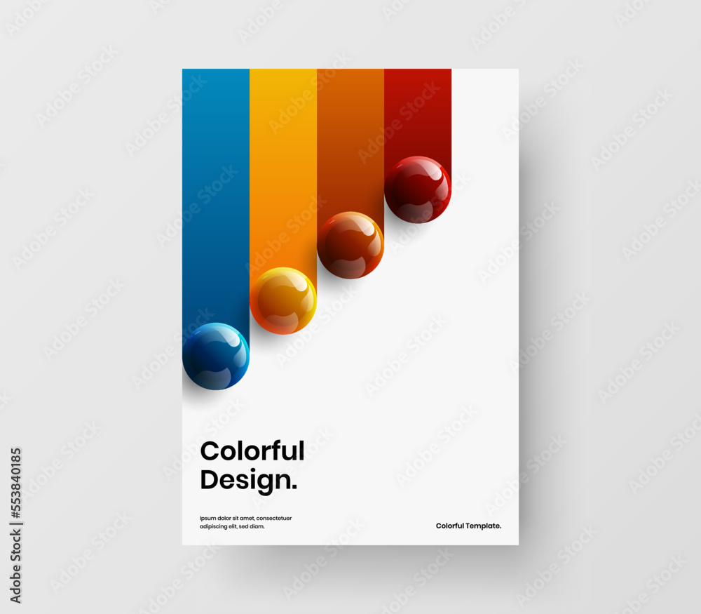 Simple realistic spheres corporate brochure template. Fresh postcard vector design layout.