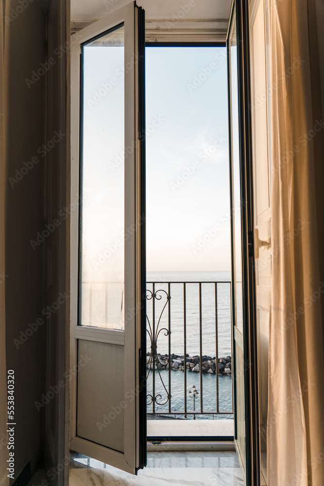 The view from the balcony on Amalfi, in the light of sunrise.