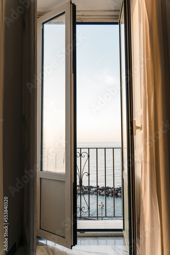 The view from the balcony on Amalfi  in the light of sunrise.