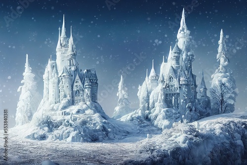 Allure fairytale about ice kingdom. Snow castle in dream. Generative AI