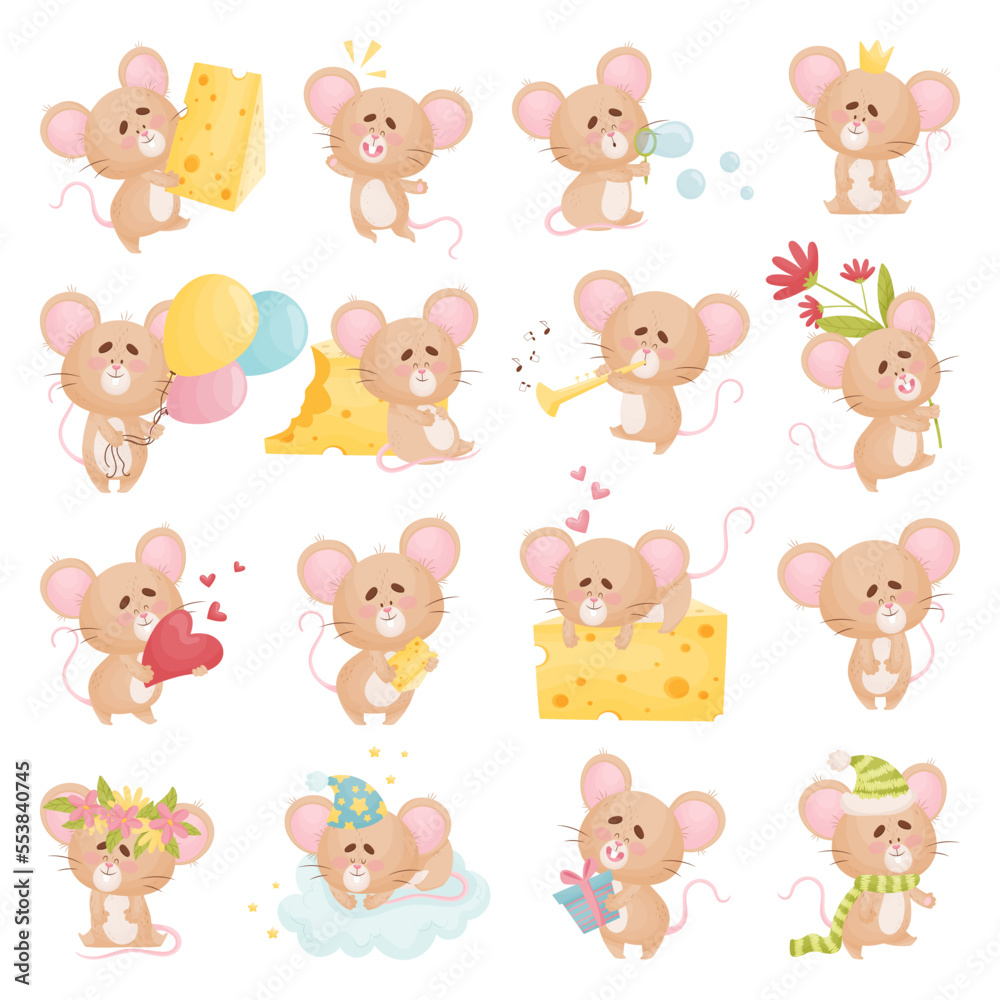 Cute Little Mouse with Long Tail Engaged in Different Activity Big Vector Set