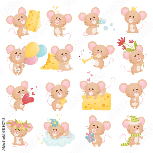 Cute Little Mouse with Long Tail Engaged in Different Activity Big Vector Set