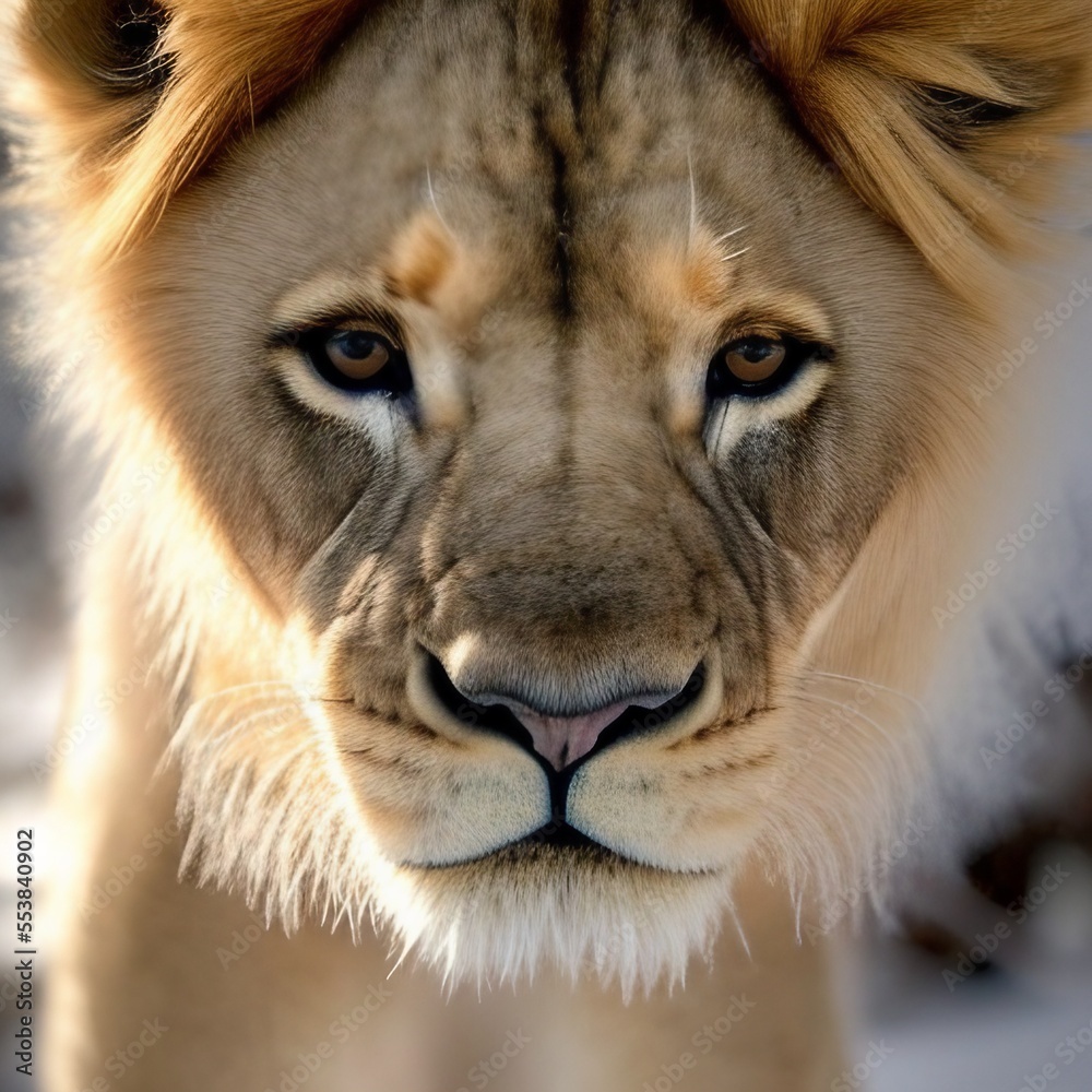 Close up portrait of young beautiful lion. Generative AI illustration 