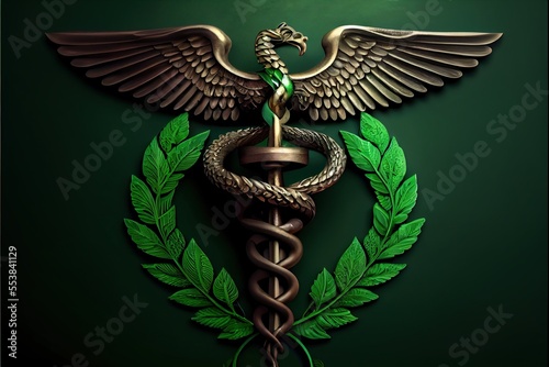  a medical symbol with a snake and a staff of asclefer on it's side. Generative AI photo