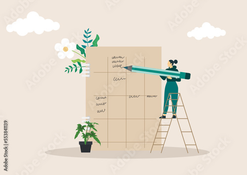 People planning concept. Entrepreneurship and calendar schedule planning with filling course campaign. Vector illustrations business meeting and events organizing process office working.