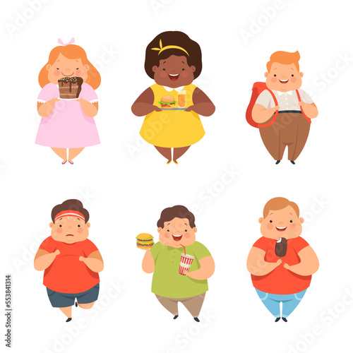 Overweight Little Children with Extra Body Fat Overeating Unhealthy Food Vector Set