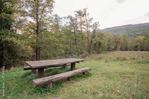 Mesa de picnic de madera para comer en medio de la naturaleza con las increíbles vistas de la montaña con todos sus árboles y las hojas en sus ramas de los colores del invierno.