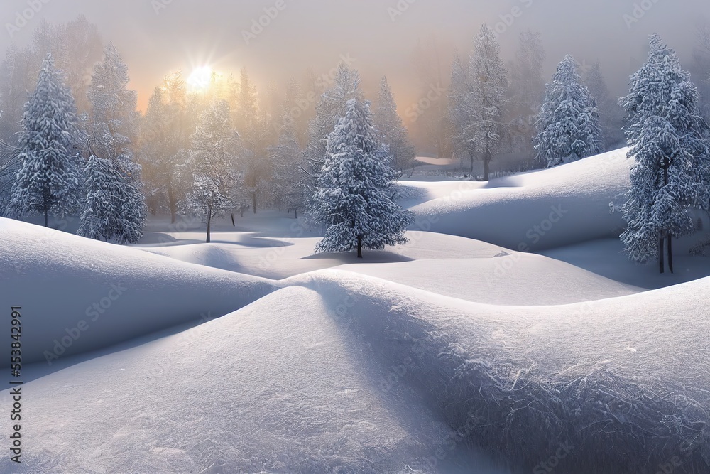 Wintery landscape full of snow and frosty firs. Generative AI