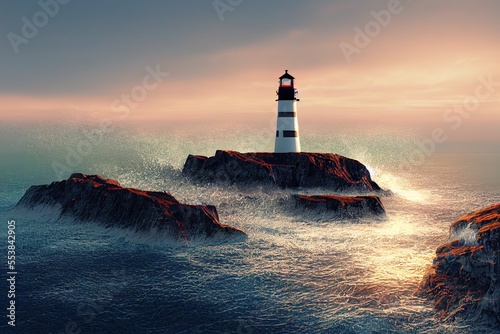 Small lonely lighthouse standing on dark rock. Stormy sea all around. Generative AI