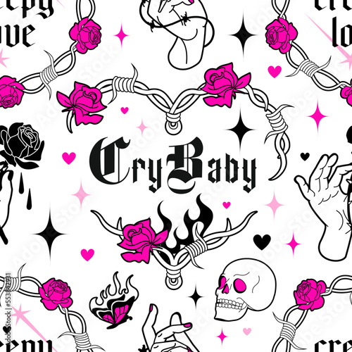 Creepy love art, seamless pattern. Barbed heart, pink spiny roses and fire flame, goth psychedelic slogans.Y2k wallpaper, fabric, background, print. 90s, 00's heart shaped graphic in glam style.