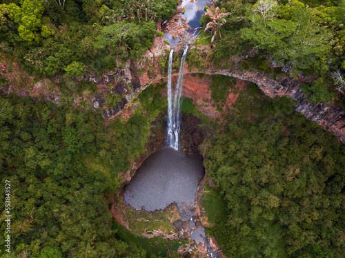 Chamarel Waterfall in Mauritius with riviere du Cup in Riviere noire district. Colorful panoramic landscape about the waterfall and valley and river too