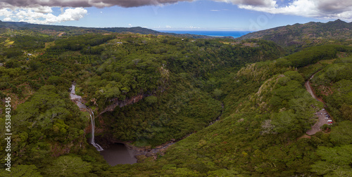 Chamarel Waterfall in Mauritius with riviere du Cup in Riviere noire district. Colorful panoramic landscape about the waterfall and valley and river too