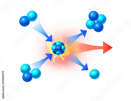 Fusion Energy Concept and Nuclear power generation physics science symbol as abstract shapes with conceptual microscopic elements with Helium Tritium Deuterium and Neutrons photo