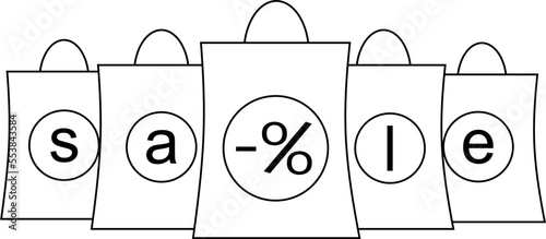 simple black and white graphic drawing of paper bags from the store, isolated element, decor