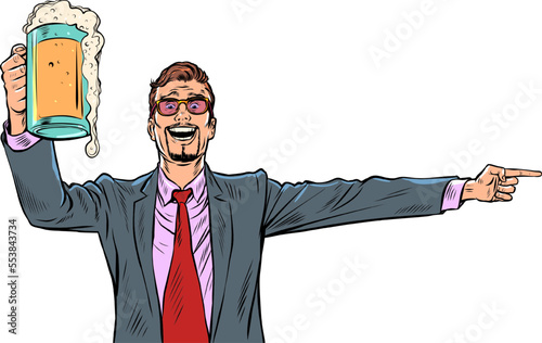 businessman with a mug of beer the man points to the side. Bar pub restaurant oktoberfest