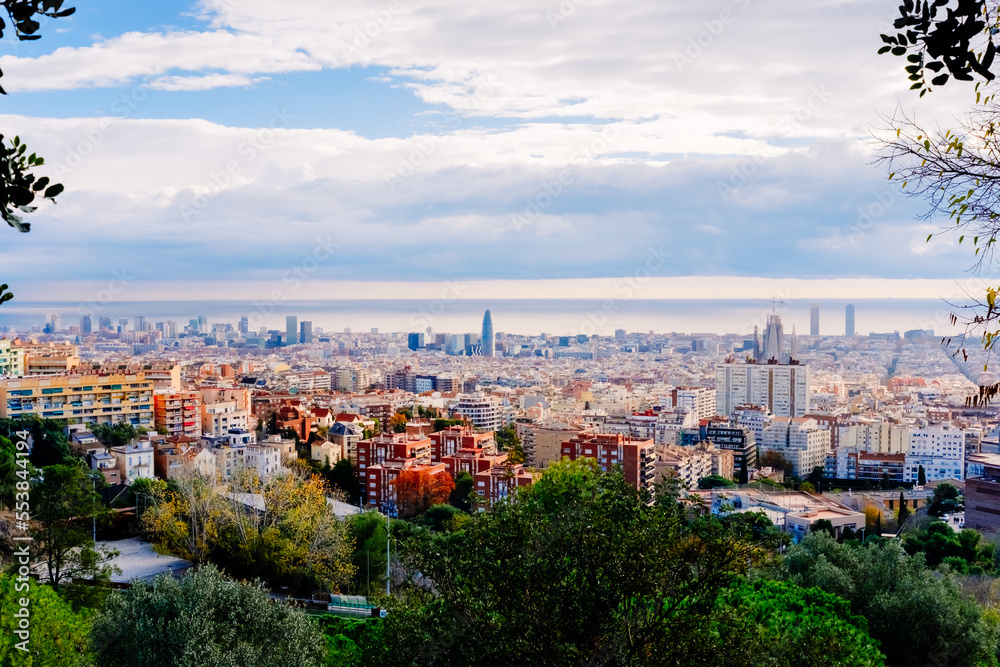 Panoramic of the city of Barcelona with the Mediterranean in the background, a winter day.