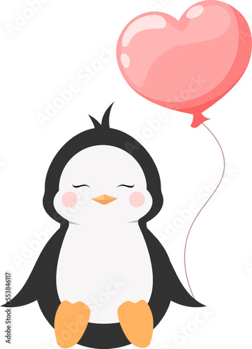 Cartoon cute smiling penguin with heart ball on transparent background