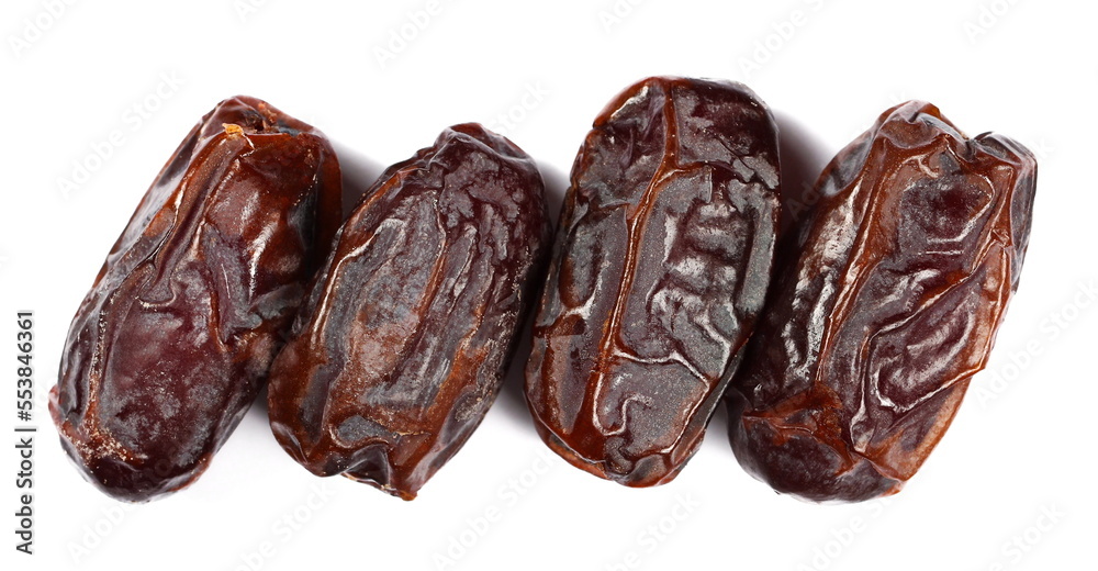 Group fresh date palm isolated on white, sweet fruit, top view Group fresh date palm isolated on white, sweet fruit, top view