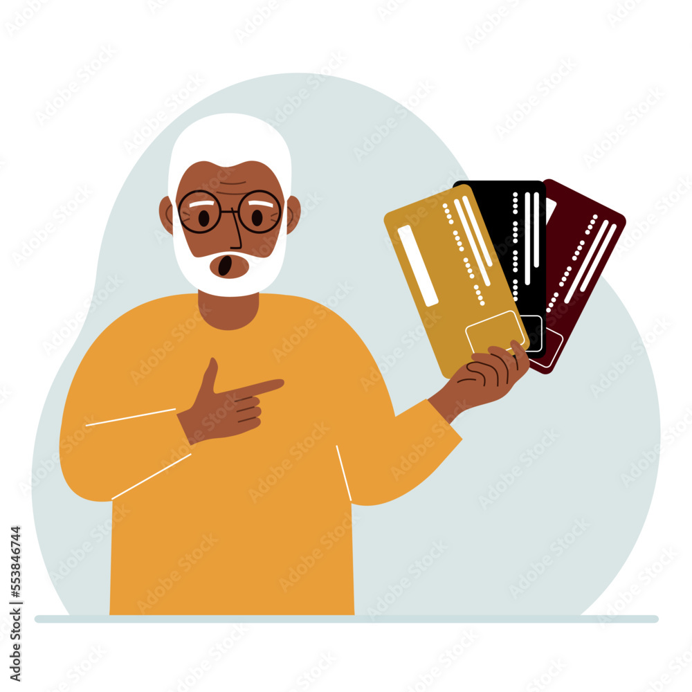 A man shows plastic cards. The concept of choosing a bank, terms of deposits and loans.