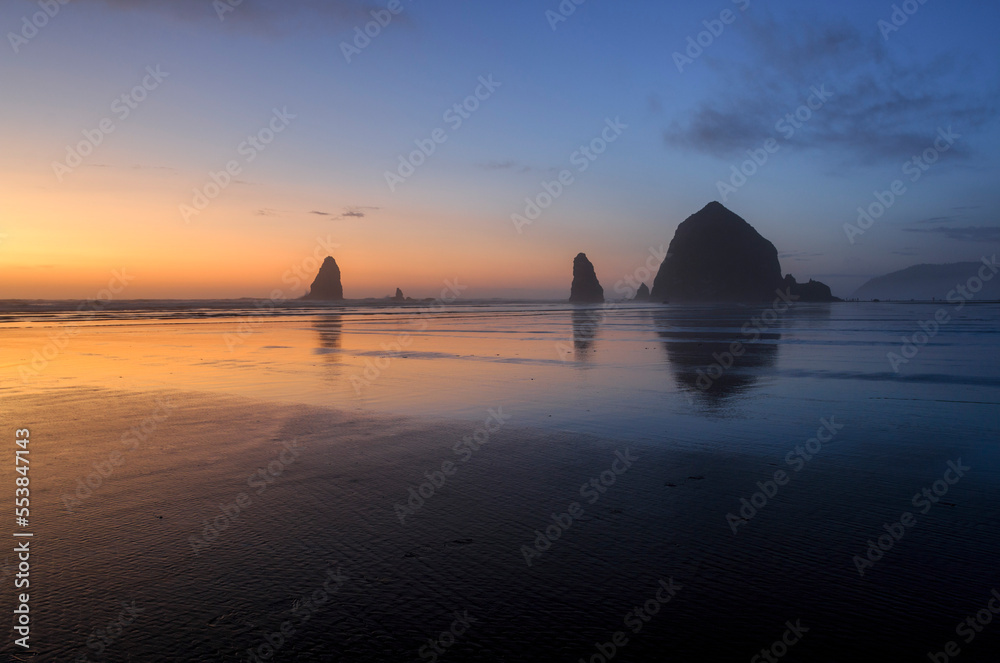 sunset at Haystack Rock, Cannon Beach, Oregon, US
